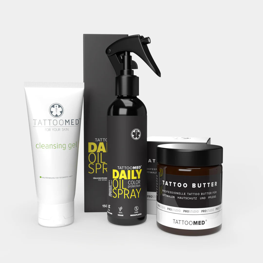 Tattoomed Cleansing Gel, Daily Tattoo Oil Spray en Tattoo Butter – tattoo nazorg set voor reinigen, voeden en kleurbehoud