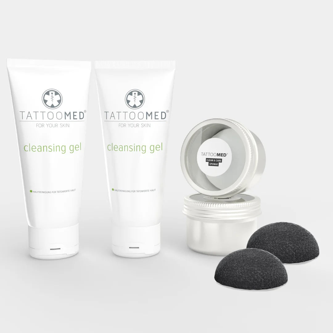 TattooMed Cleansing Gel grote shower bundel – 2 tubes met sponsjes en potjes voor complete tattoo reiniging en nazorg