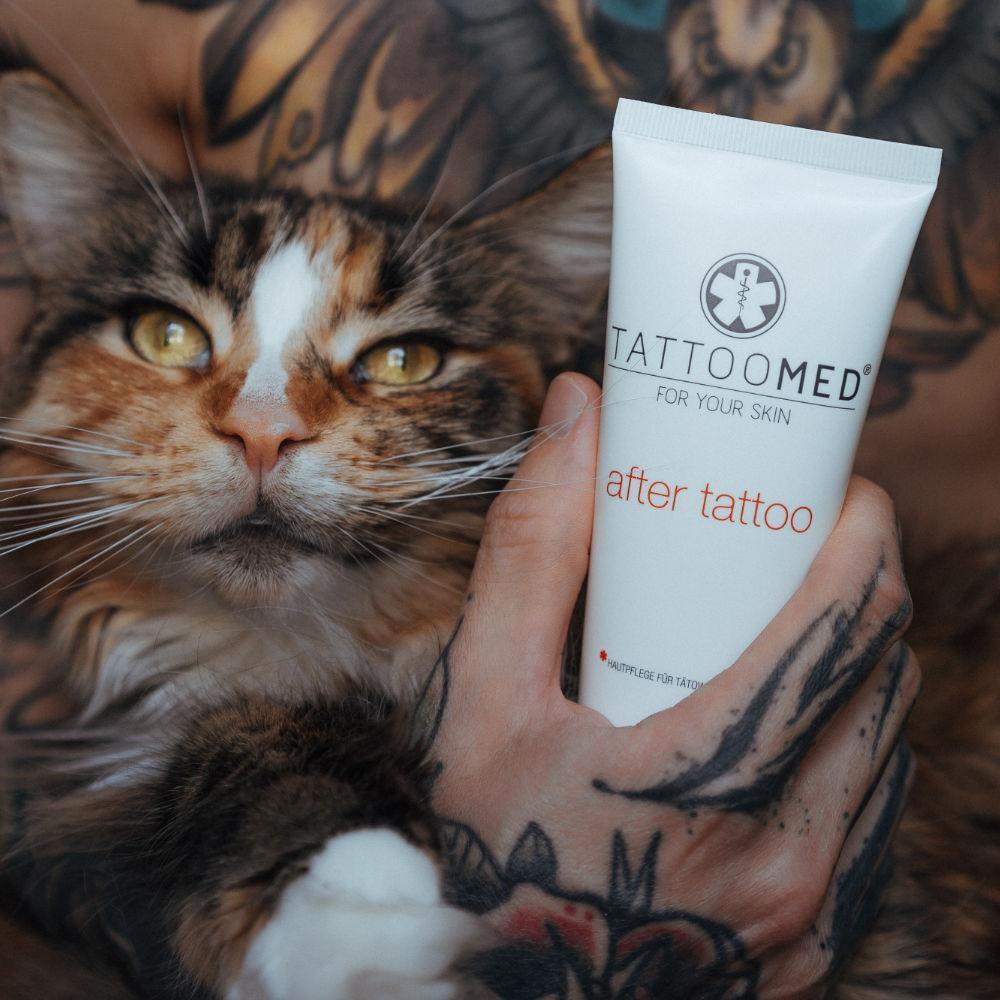 TattooMed After Tattoo crème vastgehouden door getatoeëerde hand naast een kat – tattoo nazorg en lifestyle sfeerfoto