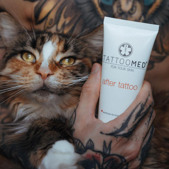 TattooMed After Tattoo crème vastgehouden door getatoeëerde hand naast een kat – tattoo nazorg en lifestyle sfeerfoto